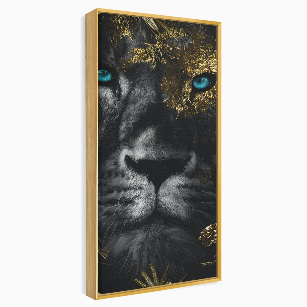 Tablou canvas cu tablou canvas cu leu si ochi albastri, in rama de aluminiu auriu
